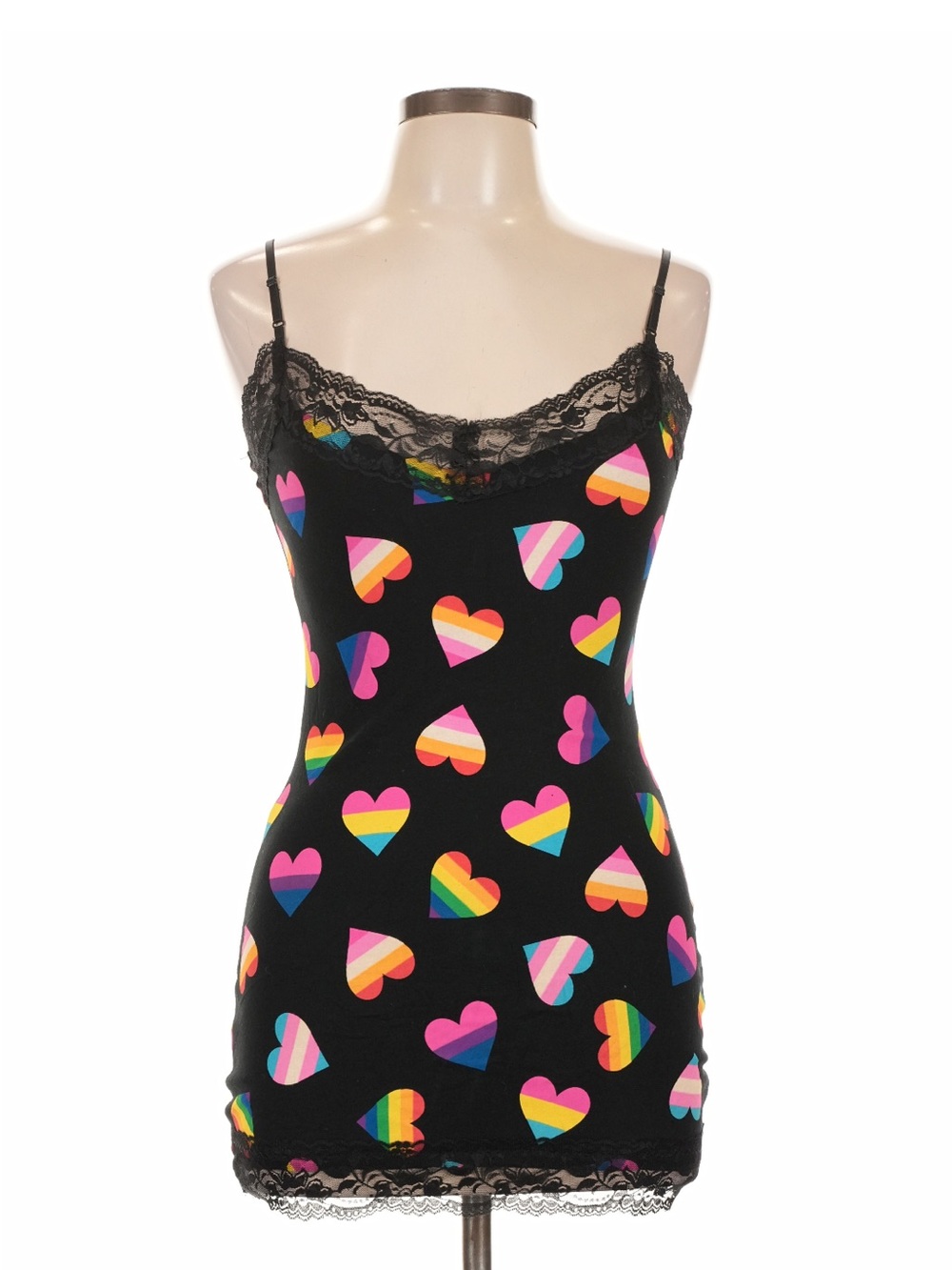 Black Lace Trim Cami with Rainbow Heart Print